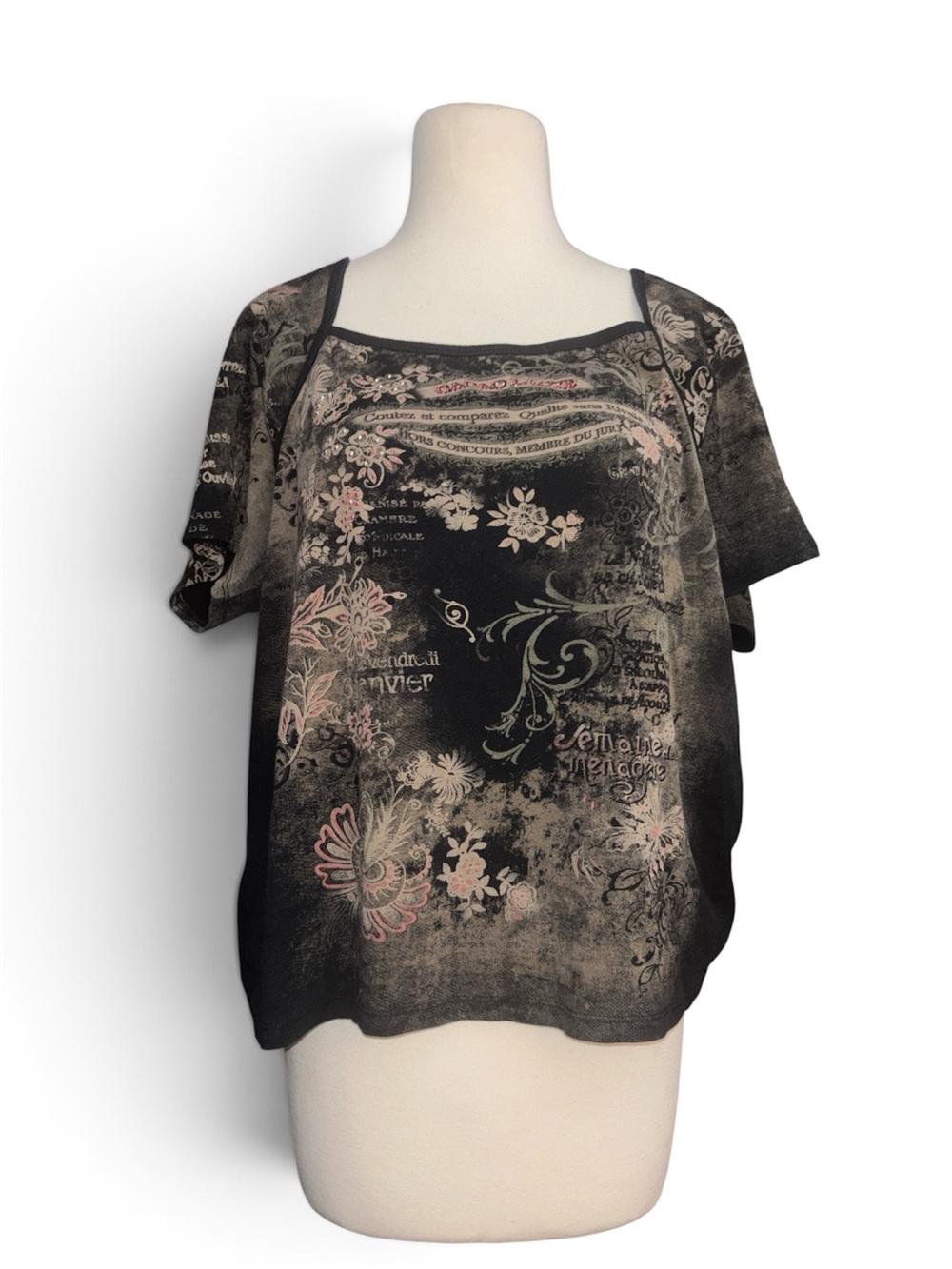 dressbarn Black Short Sleeve Top with Pink and Cream Floral Print